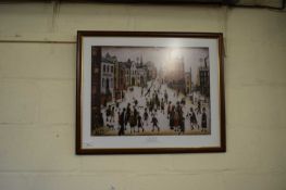 L S LOWRY - A VILLAGE SQUARE, COLOURED PRINT, F/G