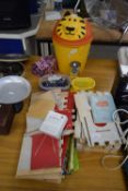 WOODEN TOY FORT, VARIOUS GLASS BEADS, MARBLES, BALLOON PUMP, SMALL SWING BIN ETC