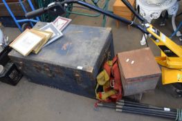VINTAGE TRUNK, A FURTHER SMALL WOODEN BOX, VINTAGE TIN AND STRAPS