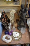 PAIR OF SPELTER FIGURES (A/F), VARIOUS MANTEL CLOCKS, MIXED GLASS AND CERAMICS ETC