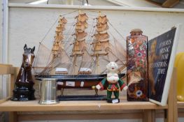 MODEL TALL SHIP TOGETHER WITH HORSES HEAD MODEL, PEWTER TANKARD AND OTHER ITEMS
