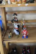 THREE SMALL CLOCKWORK TOYS PLUS TWO CERAMIC FIGURES (5)