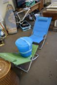 PAIR OF FABRIC COVERED SUN LOUNGER CHAIRS AND A PLASTIC DRINKS SET IN BUCKET