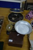 VINTAGE KITCHEN SCALES AND WEIGHTS PLUS A FURTHER SMALL MONEY BOX