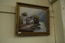 CONTINENTAL SCHOOL, STUDY OF A RIVERSIDE HOUSE, OIL ON CANVAS, GILT FRAMED
