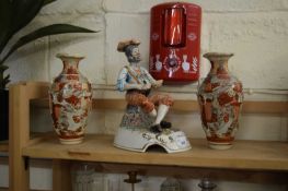 TWO JAPANESE SATSUMA TYPE VASES TOGETHER WITH A CAPO DI MONTE FIGURE (3)