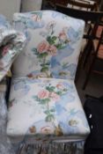 FLORAL UPHOLSTERED CHAIR TOGETHER WITH A MATCHING PAIR OF CURTAINS, 315 X 235CM