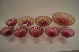 COLLECTION OF VARIOUS CLEAR AND RUBY TINTED GLASS TAZZAS, SUNDAE DISHES ETC