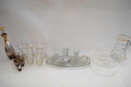 PRESSED GLASS DRESSING TABLE SET, GILT DECORATED GLASSES, TAZZA, SPIRIT DECANTER AND GLASSES ETC