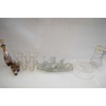 PRESSED GLASS DRESSING TABLE SET, GILT DECORATED GLASSES, TAZZA, SPIRIT DECANTER AND GLASSES ETC