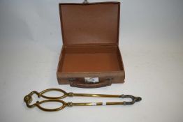 SMALL BROWN LEATHER CASE AND FIRE TONGS