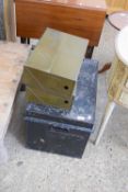 BLACK PAINTED METAL DEED BOX AND TWO FURTHER SMALL FILING CHESTS (3)