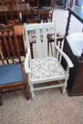 EARLY 20TH CENTURY CARVER CHAIR WITH LATER PAINTED AND WITH BLUE FLORAL SEAT