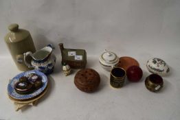 VARIOUS CERAMICS, SMALL ENAMEL PILL BOXES, STONEWARE HOT WATER BOTTLE ETC