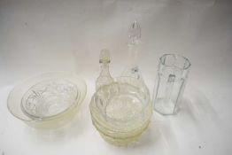 VARIOUS GLASS BOWLS, DECANTER ETC