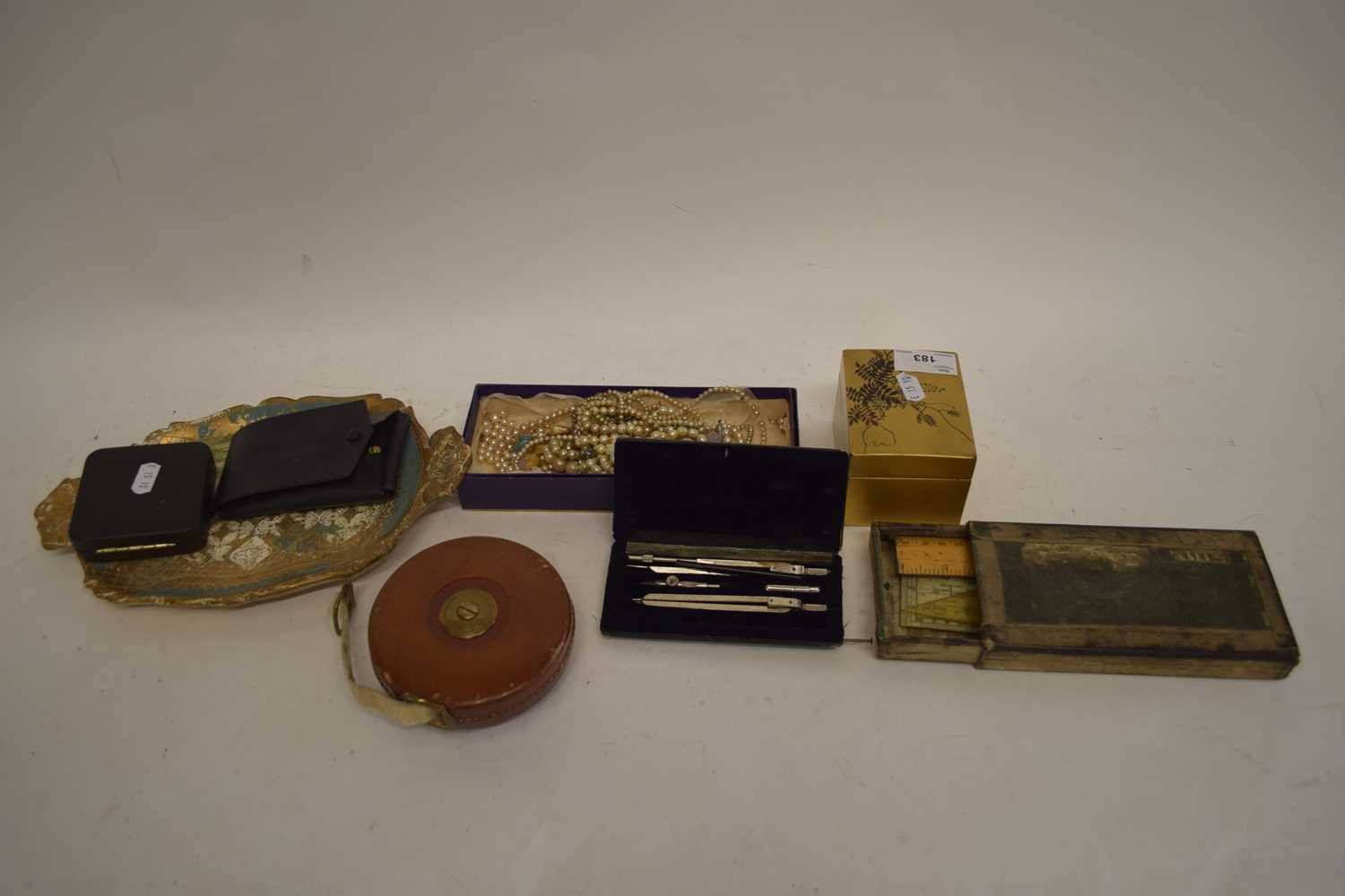 VARIOUS COSTUME JEWELLERY, BOXED DRAWING INSTRUMENTS ETC