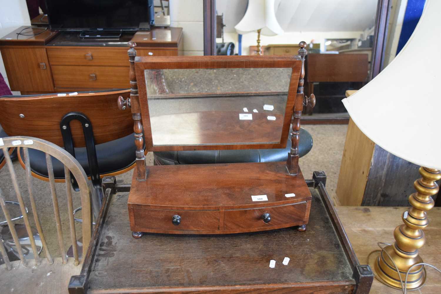 SMALL 19TH CENTURY MAHOGANY DRESSING TABLE MIRROR WITH TWO DRAWER BOW FRONT BASE, 46CM WIDE