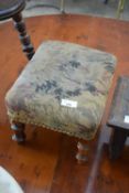 SMALL RECTANGULAR FOOT STOOL ON TURNED LEGS WITH UPHOLSTERED TOP