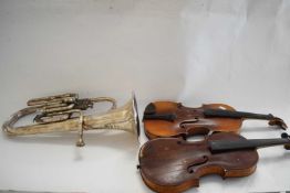 TWO VINTAGE VIOLINS AND A BOOSEY & HAWKES EUPHONIUM