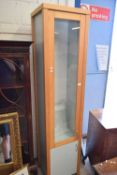 MODERN LIGHT WOOD NARROW GLAZED DISPLAY CABINET, 195CM HIGH