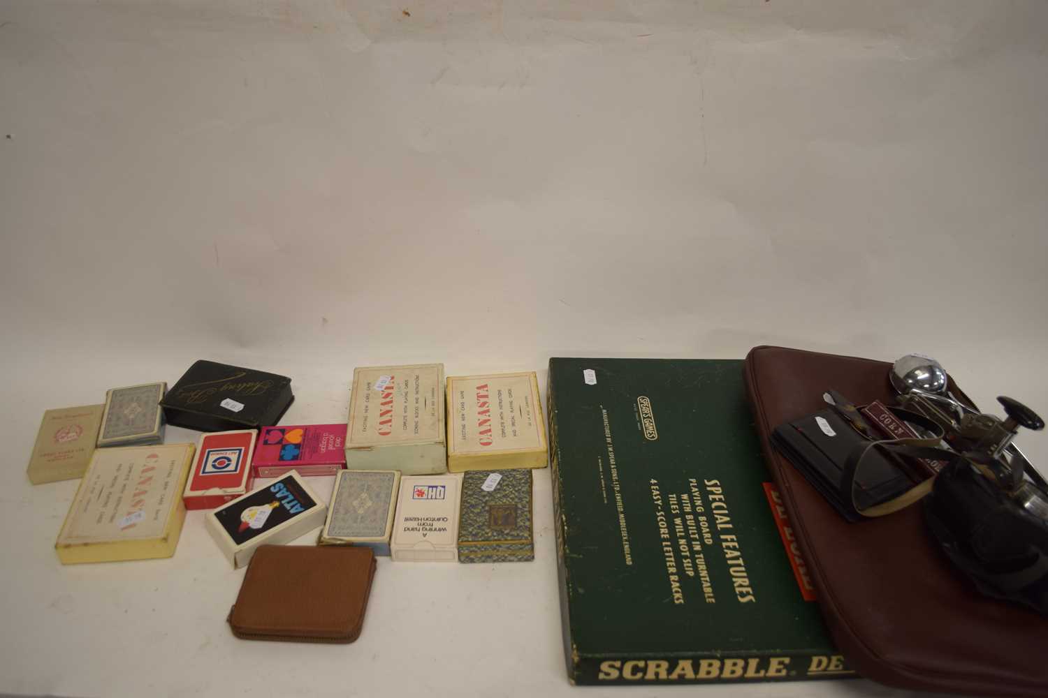 VARIOUS PLAYING CARDS, CAMERAS, SCRABBLE GAME ETC