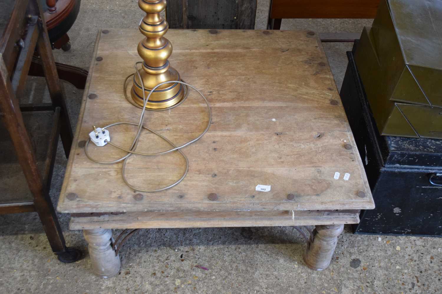 HARDWOOD AND IRON MOUNTED COFFEE TABLE, 80CM WIDE