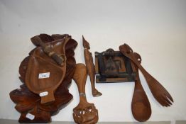 VARIOUS WOODEN BOWLS, ETHNIC SERVING SETS ETC