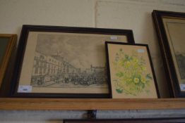 BLACK AND WHITE ENGRAVING, MARKET PLACE NORWICH, PLUS A FURTHER FLORAL STUDY (2)