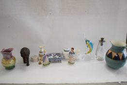 VARIOUS DECORATED JUGS, ART GLASS FISH, FIGURINES, VASES, MODEL ELEPHANT ETC