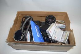 BOX OF OLYMPUS OM10 CAMERA, VARIOUS ACCESSORIES, CHINON CE4 CAMERA ETC