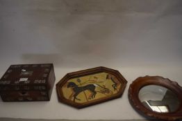 19TH CENTURY MOTHER OF PEARL INLAID JEWELLERY BOX TOGETHER WITH A CIRCULAR WALL MIRROR AND A