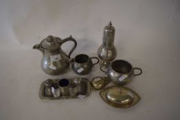 PEWTER TEA WARES, CRUET, AND OTHER ITEMS