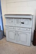 ANTIQUE OAK COURT CUPBOARD, TOP SECTION WITH THREE DOORS OVER A BASE WITH TWO DRAWERS AND TWO DOORS,