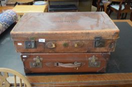 VINTAGE BROWN LEATHER SUITCASE AND ONE OTHER