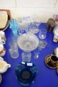 VARIOUS GLASS BOWLS, DRINKING GLASSES, PAIR OF BLUE GLASS VASES ETC