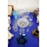 VARIOUS GLASS BOWLS, DRINKING GLASSES, PAIR OF BLUE GLASS VASES ETC