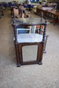 VICTORIAN WALNUT VENEERED SIDE CABINET WITH SHELF ON BARLEY TWIST SUPPORTS OVER A CUPBOARD BASE WITH