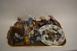 TRAY OF MODEL MOTORBIKES, ORNAMENTS, VINTAGE PHOTOGRAPHS, MODERN WRIST WATCHES ETC
