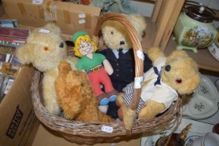 BASKET CONTAINING FOUR TEDDY BEARS AND A BISTO KID DOLL