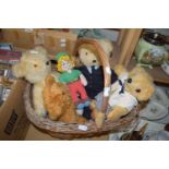 BASKET CONTAINING FOUR TEDDY BEARS AND A BISTO KID DOLL