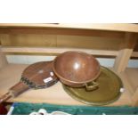 FIRE BELLOWS PLUS SERVING TRAY AND A COPPER BOWL (3)