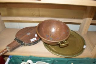 FIRE BELLOWS PLUS SERVING TRAY AND A COPPER BOWL (3)