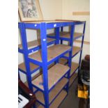 FOUR BLUE METAL FRAMED GARAGE SHELVES