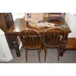 OAK DRAW LEAF EXTENDING DINING TABLE ON PINEAPPLE LEGS WITH FOUR STICK BACK CHAIRS (5)