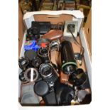 Box of vintage cameras and selection of lenses