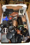 Box of vintage cameras and selection of lenses