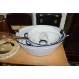 VARIOUS WHITE ENAMEL BOWLS AND OTHER ITEMS