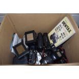 Box of compact film cameras including Pentax & Minolta