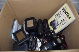 Box of compact film cameras including Pentax & Minolta