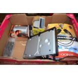 BOX OF VARIOUS ITEMS TO INCLUDE DVD PLAYER, HEADPHONES ETC